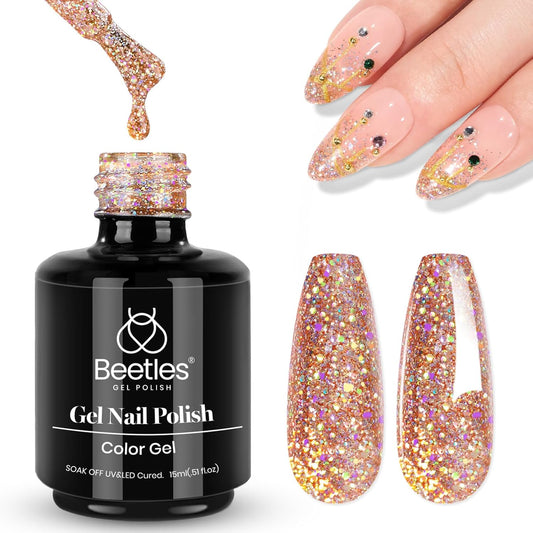Beetles Glitter Gel Nail Polish 15ML Rose Gold Reflective Pink Gel Polish Dazzling Princess Nail Art Design Manicure Salon (1Pcs)-Velvo Beauty