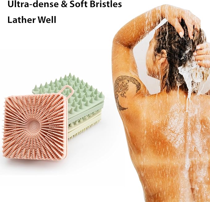 2 PC Silicone Exfoliating Body Scrubber, Silicone Body Shampoo Brush, Soft Silicone Loofah for Sensitive Skin, Shower Silicone Hair Scalp Massager, Easy to Clean, Lather Well(Gray&Pink)-Velvo Beauty