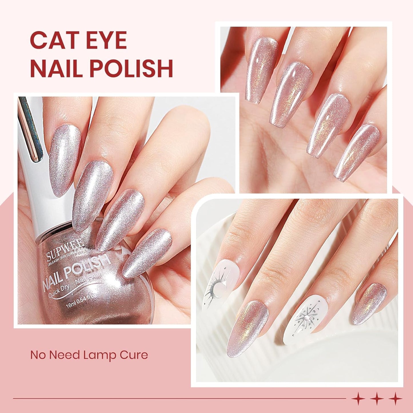 Coupled Pink Cat Eye Nail Polish Non Gel with Magnet Quick Dry Magnetic Nail Polish for Fingernail Air Drying Fast Lacquer Manicure Gift For Women Girls 16ml, 0.54fl oz-Velvo Beauty