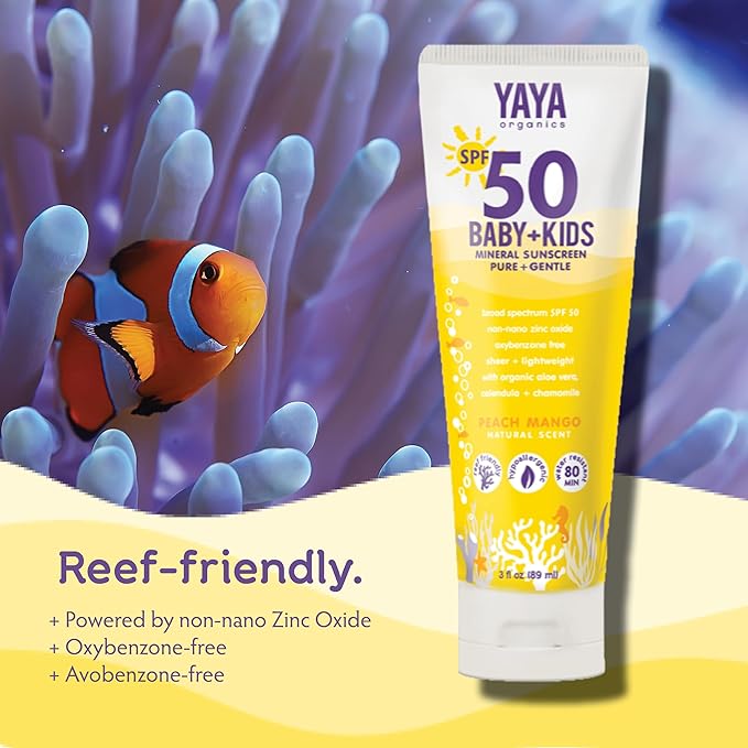 YAYA ORGANICS Baby + Kids Mineral Sunscreen Lotion, SPF 50, Reef-Friendly, Non-Nano Zinc Oxide, Water-Resistant, Hypoallergenic, Pure + Gentle for delicate skin, 3 oz-Velvo Beauty