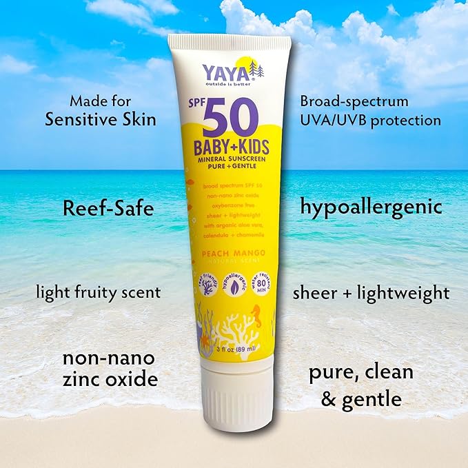 YAYA ORGANICS Baby + Kids Mineral Sunscreen with Free Sponge Applicators, SPF 50, Reef-Friendly, Non-Nano Zinc Oxide, Hypoallergenic, 3 oz, 2-pack-Velvo Beauty