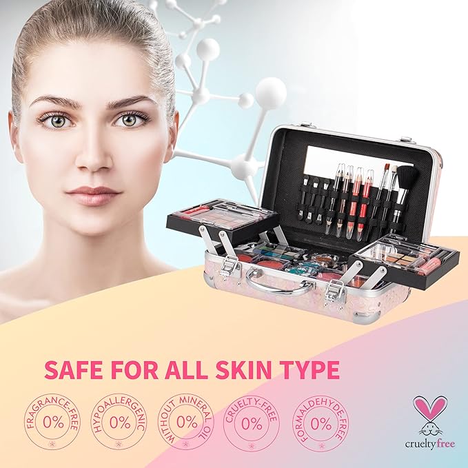 Hot Sugar All In One Makeup Set for Teen Girls - Full Makeup Kit for Beginners With Eye Shadow Palette, Blush, Lip Gloss, Brush, Mirror (Pink Heart)-Velvo Beauty