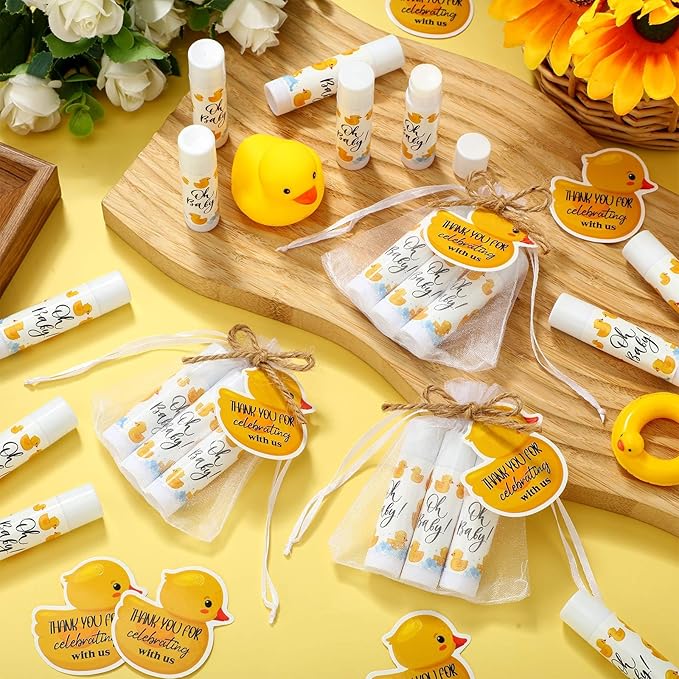 Demissle 50 Pcs Baby Shower Lip Balm Gift Set with 100 Pcs Organza Bags Baby Shower Party Favor for Guest Thank You Tag Rope Baby Shower Party Decoration Gender Reveal Souvenirs (Duck)-Velvo Beauty