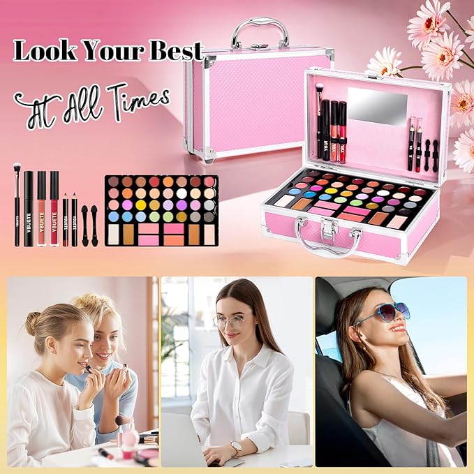 Beginner Makeup Kit for Teen,Makeup Gift Set for Girl Women,Beginner Makeup Kit with Cosmetic Train Case Included 32 Colors Eyeshadow Blusher Contour Lip Gloss Lip Liner Mascara Eyeliner Mirror-Velvo Beauty