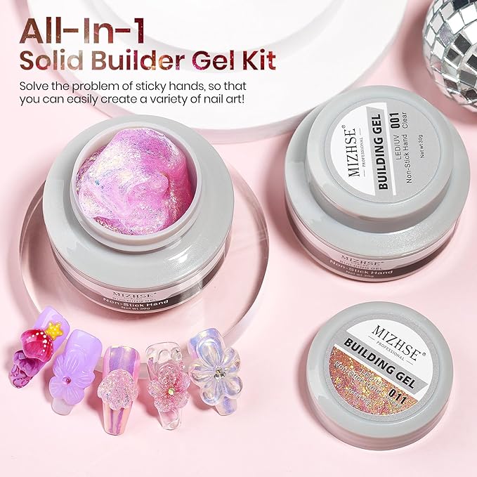 MIZHSE 2PCS Solid Builder Gel for Nails: 30g/1oz Clear & Pink Glitter Hard Gels for Nails 3D Gel with Dual Forms 3D Silicone Mold Soak off U V Builder Gels for Nail Art Manicure Home DIY-Velvo Beauty