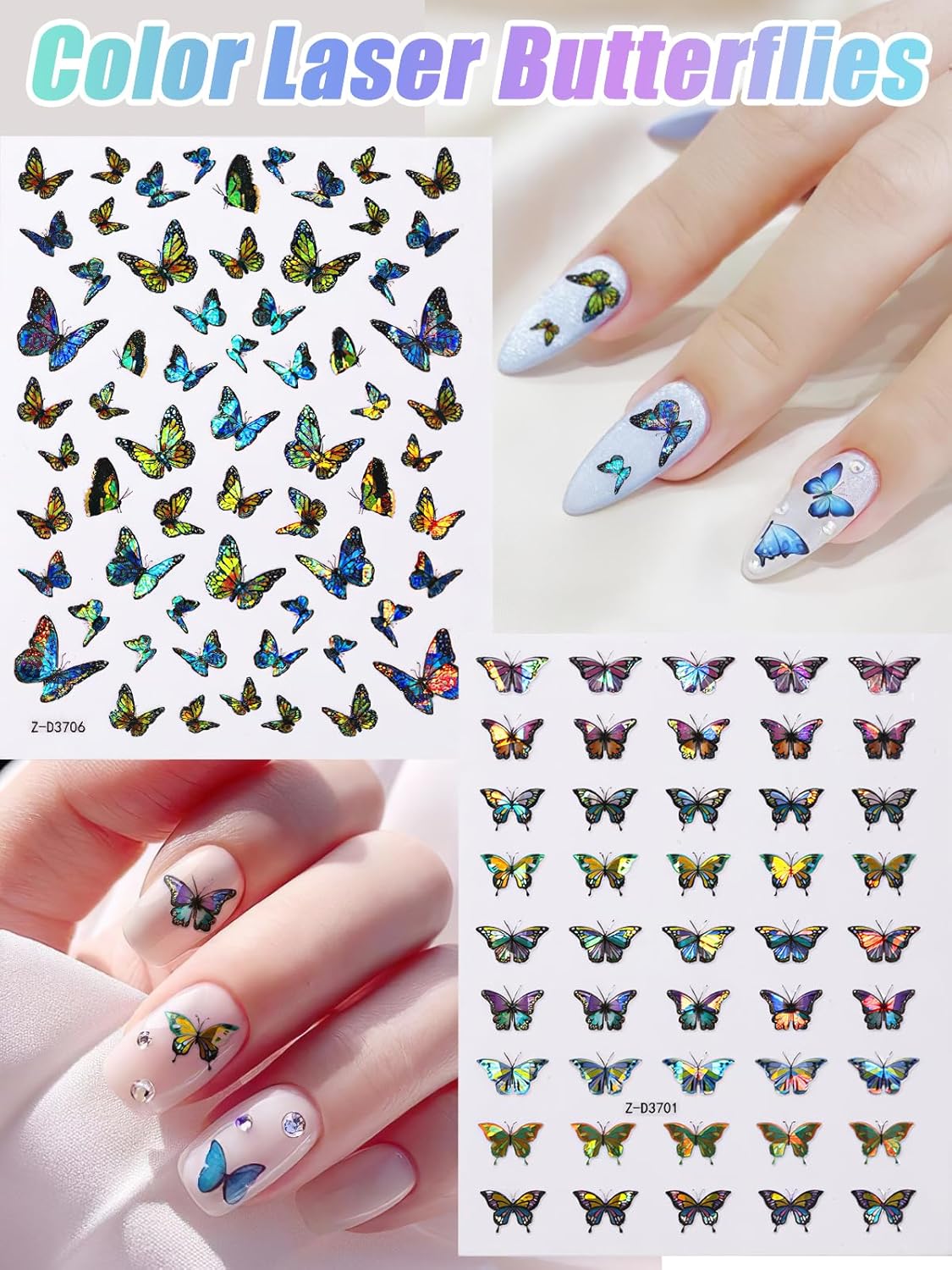 TOROKOM 12 Sheets Butterfly Nail Art Stickers, 3D Self-Adhesive Nail Decals with Colorful Laser Butterflies Designs for DIY Manicure Decor-Velvo Beauty