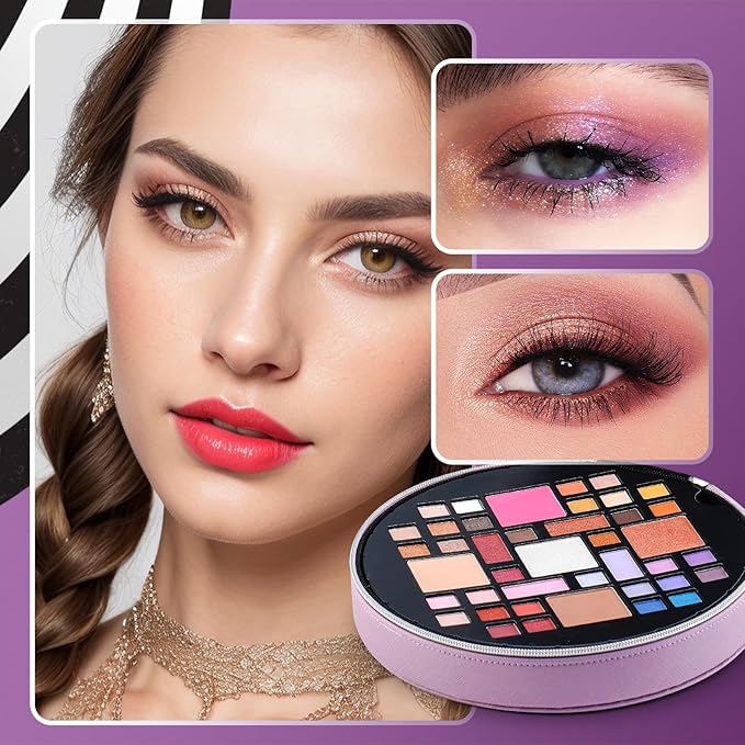 Color Nymph All In One Makeup Kit For Teens With Portable Cosmetics Bag, Multiple Makeups For Begginers As New Year,Birthday Gift Included 38-Colors Eyeshadows Lipglosses Brushes (Purple)-Velvo Beauty