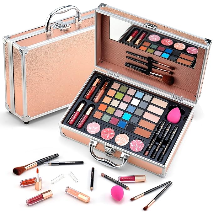 Makeup Kit for Women,All in One Makeup Gift Set for Girls in Cosmetic Train Case (Gold) With Mirror,Full Starter Cosmetic Kit Includes Eyeshadow Palette,Lipgloss,Blushes-Velvo Beauty