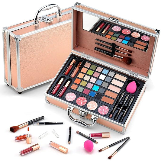 Makeup Kit for Women,All in One Makeup Gift Set for Girls in Cosmetic Train Case (Gold) With Mirror,Full Starter Cosmetic Kit Includes Eyeshadow Palette,Lipgloss,Blushes-Velvo Beauty