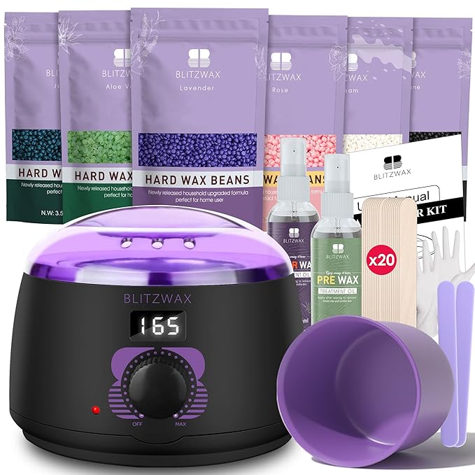 BLITZWAX Brazilian and Bikini Waxing Kit for Women, Hard Wax Warmer for Face, Legs and Body, At Home Hair Removal Kit, Beginner Friendly, Fast Heating, 51 Accessories, 6 Types Wax Bean Formula-Velvo Beauty