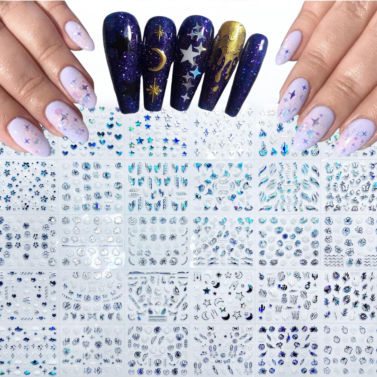 30 Sheets Aurora Nail Art Stickers Heart Star Nail Decals 3D Self-Adhesive Holographic Laser Star Nail Stickers Glitter Flower Butterfly Pattern Acrylic Design for Women Girls DIY Nail Art Decoration-Velvo Beauty