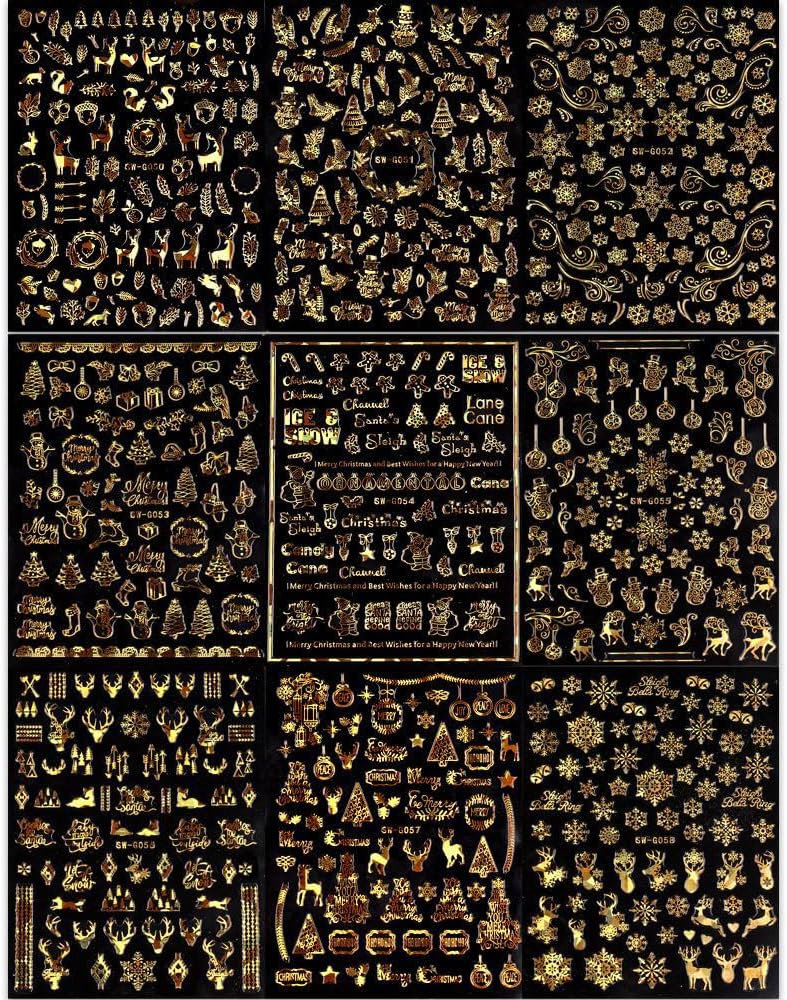 9 Sheets Christmas Nail Art Stickers Decals Self-Adhesive Pegatinas Uñas Holiday Glod Laser Snowflakes Snowman Nail Supplies Nail Art Design Decoration Accessories-Velvo Beauty