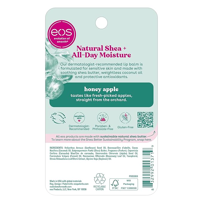 eos Natural Shea Lip Balm- Honey Apple, All-Day Moisture, Made for Sensitive Skin, Shea Lip Care Products, 0.25 oz (Pack of 2)-Velvo Beauty