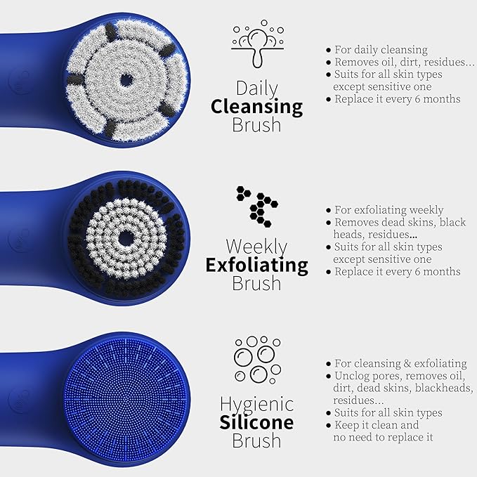 Premium Face Scrubber, Deep Pore Cleansing Brush, Waterproof & Rechargeable Face Scrub Brush for Men& Women, Electric Facial Exfoliator with 3 Brushes, 3 Intensities, 2 Modes with Eye Rollor - Azure-Velvo Beauty