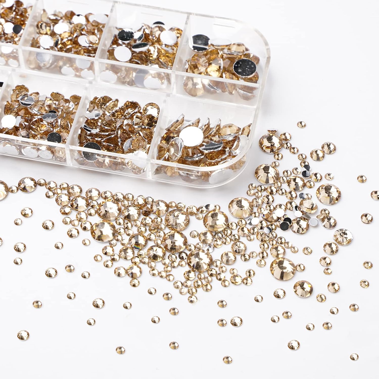 Canvalite 2784Pcs Champagne Rhinestones Flat Back Gems, Nail Rhinestones Gems with Jewelry Glues Pick Up Tweezers and Rhinestone Picker Dotting Pen, Nail Art Tools for Nails, Clothes, Face, Craft-Velvo Beauty