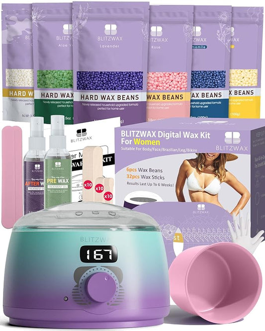 BLITZWAX Brazilian and Bikini Waxing Kit for Women, Hard Wax Warmer for Face, Legs, and Body, At Home Hair Removal Kit, Beginner Friendly, Quick Heating, 32pcs Wax Spatulas-Velvo Beauty