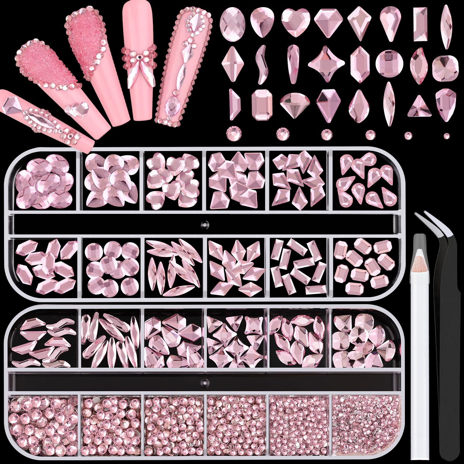 1680Pcs Pink Glass Nail Rhinestones 180Pcs Multi Shapes Flatback Nail Gems + 1500Pcs 1.5-4mm Round Crystal, Manicure Nail Charms Diamond Gemstones for Acrylic Nails Decoration-Velvo Beauty