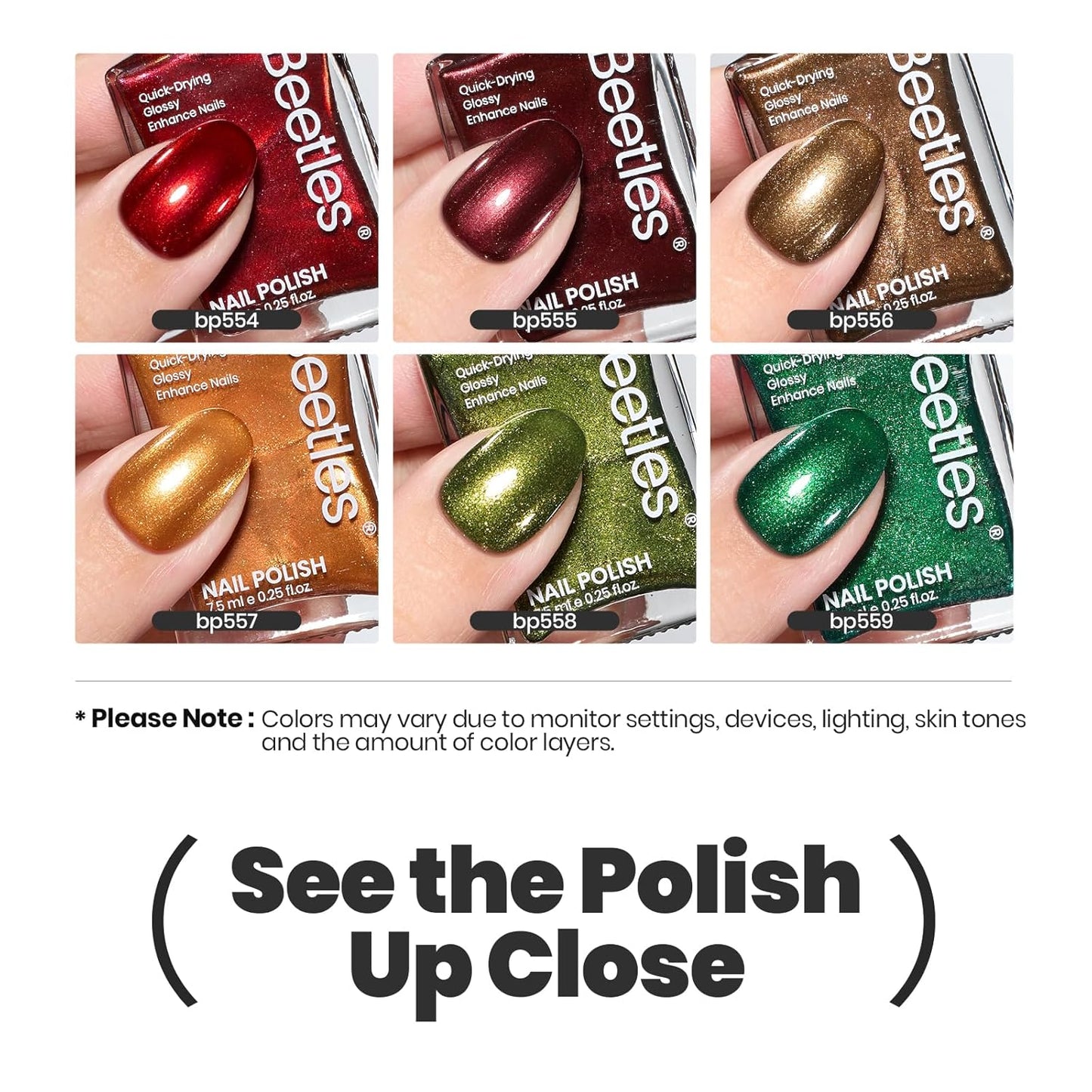 Beetles Fall Nail Polish Set - Glamour Era 6 Colors Quick Dry Glitter Burgundy Red Gold Green Yellow High-Gloss Long-Lasting Nail Polish for DIY At-Home Manicure Gift for Women-Velvo Beauty