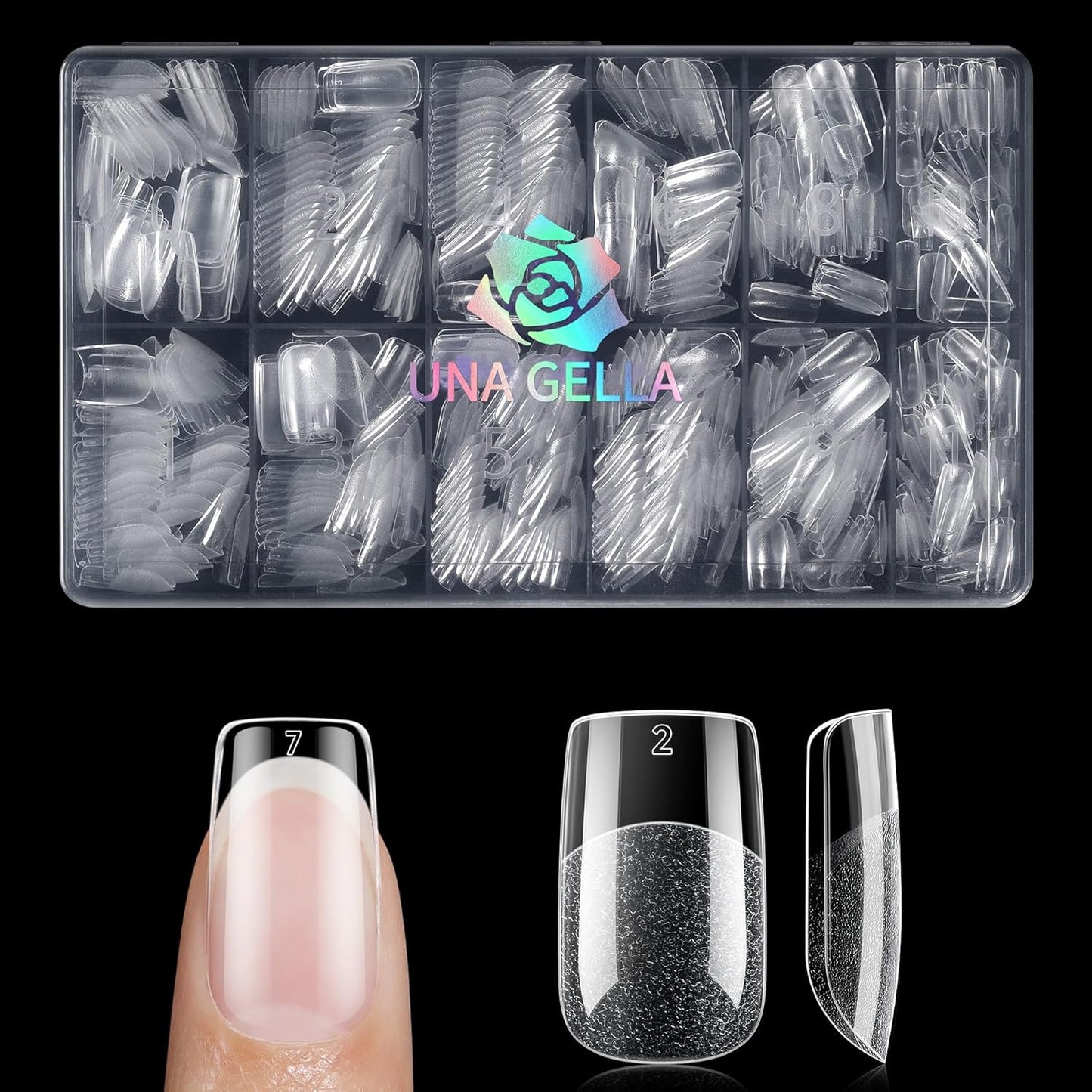 UNA GELLA Short Square Nail Tips, 600PCS Square Gel Nails Tips Pre Etched Full Cover Soft Gel Press on Nails No C Curve For Women Girl DIY French & Chrome Style Salon At Home 12 Sizes-Velvo Beauty