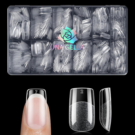 UNA GELLA Short Square Nail Tips, 600PCS Square Gel Nails Tips Pre Etched Full Cover Soft Gel Press on Nails No C Curve For Women Girl DIY French & Chrome Style Salon At Home 12 Sizes-Velvo Beauty