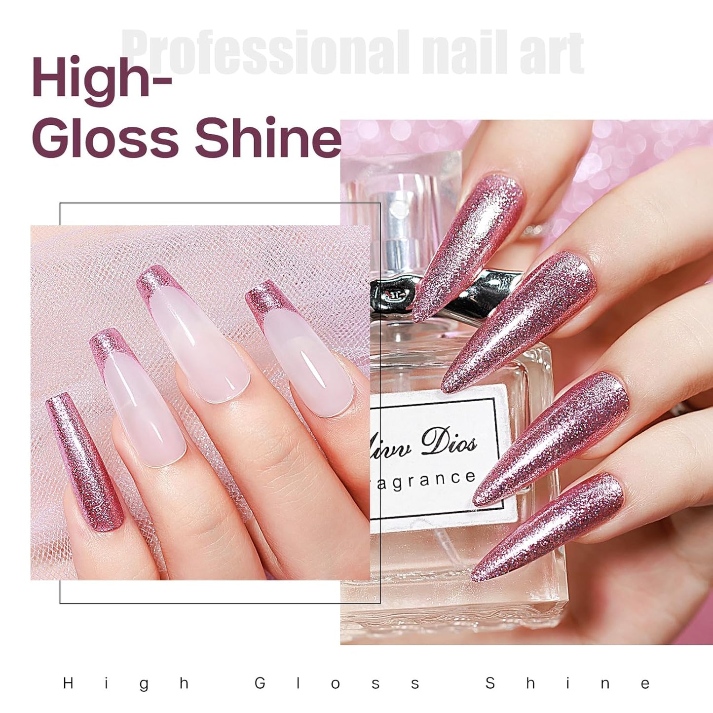 MIZHSE Quick Dry Glitter Pink Nail Polish, Shimmery Nail Polish Air Fast Drying, 15ml High Glossy Sparkly Shiny Nail Lacquer Nail Art Salon Manicure Home-Velvo Beauty