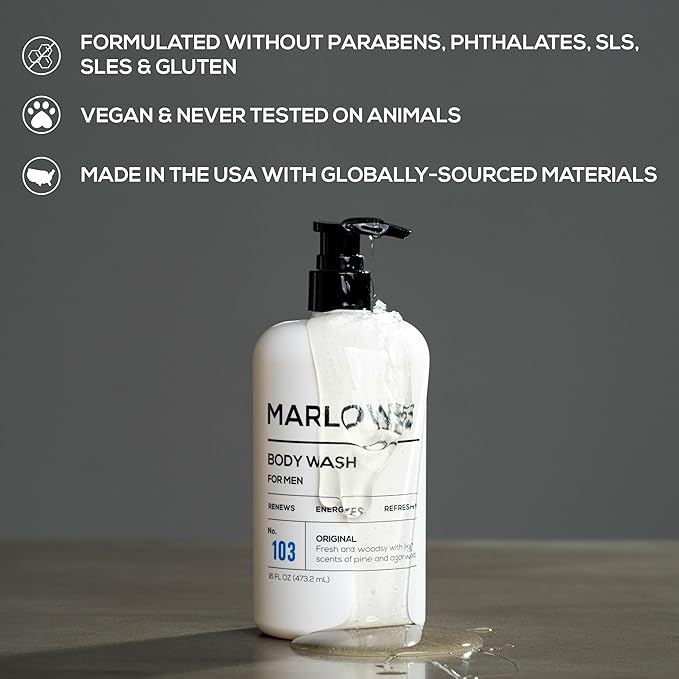 MARLOWE. No. 103 Body Wash 16 oz Pump, Original, Energizing & Refreshing Shower Gel with Willow Bark & Green Tea Extracts, Cleanses, Moisturizes, Smooths & Nourishes, Fresh Pine & Agarwood Scent-Velvo Beauty
