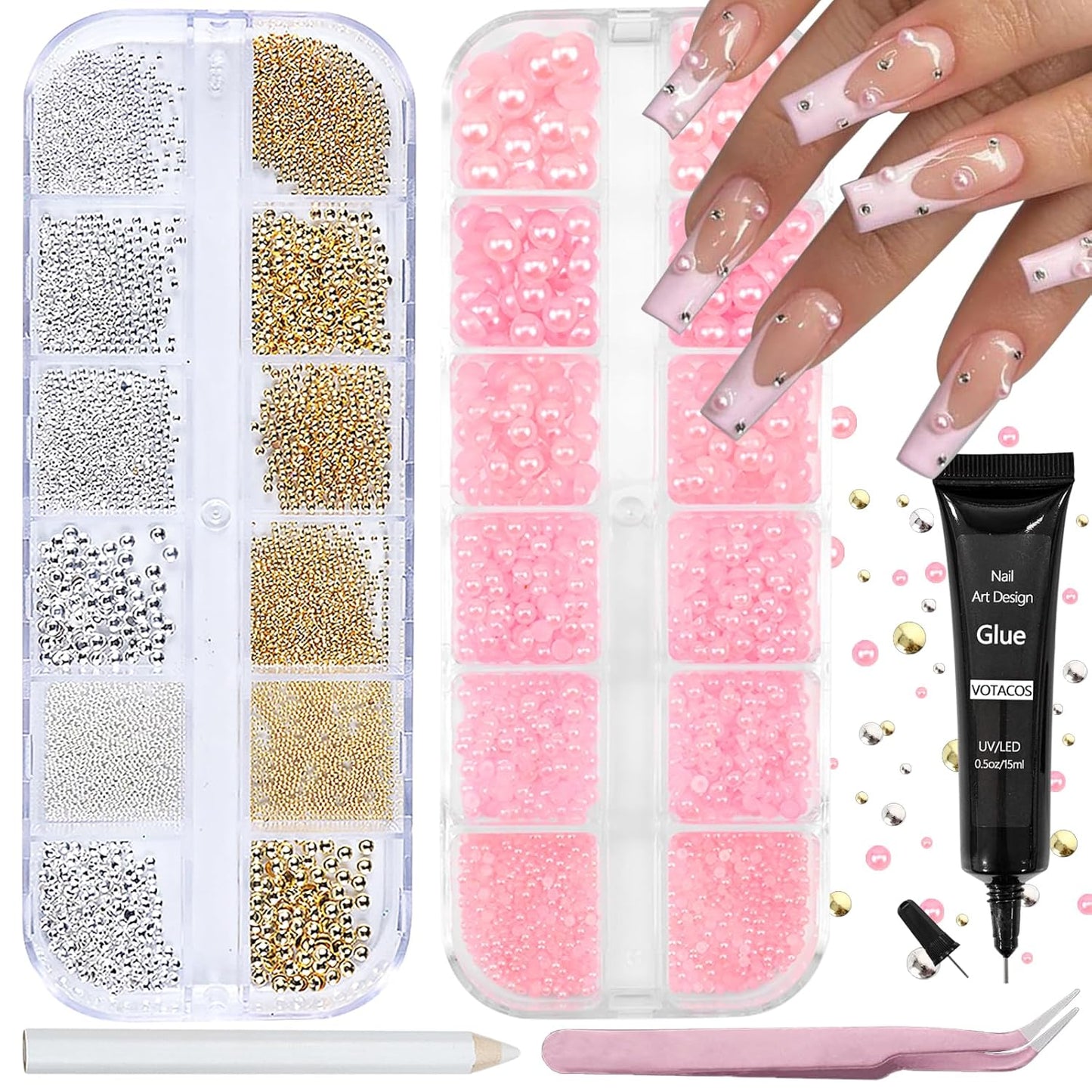 Nail Art Pearls with Rhinestones Glue Gel Flatback Pearls Nail Charms Luxurious Nails Supplies Accessories Gold Silver Gems Jewelry Pearl for Women Nails Design(Pink)-Velvo Beauty