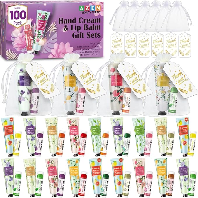 AZEN 100 Sets Hand Cream Bulk and Lip Balm Bulk Set, Bridal Shower Gifts for Guests with Organza Bag Thank You Card, Thank You Gifts for Coworkers Women Men, Bridal Wedding Favors for Guests-Velvo Beauty