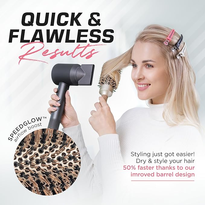 Fagaci Professional Round Brush with Natural Boar Bristle for Blow Drying, Nano Technology Ceramic + Ionic for Voluminous Healthy Hair Styling | Includes 4 Styling Clips-Velvo Beauty