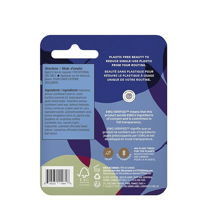 ATTITUDE Plastic-free Lip Balm, EWG Verified Plant- and Mineral-Based Ingredients, Vegan and Cruelty-free Personal Care Products, Unscented, 0.3 Oz-Velvo Beauty