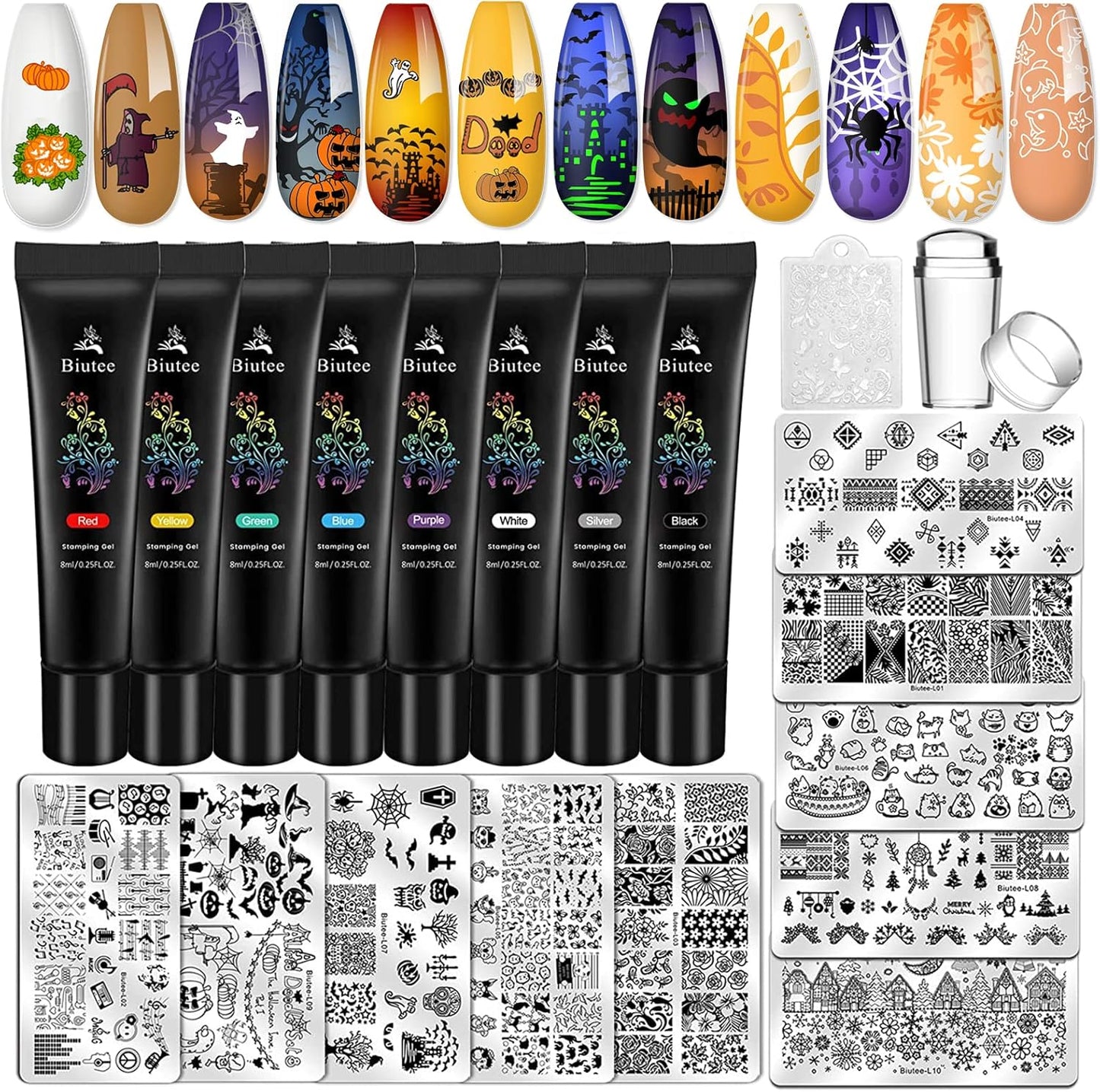 Biutee Nail Stamping Plates set 8 pcs Nail stamping polish gel 10pcs Templates with stamper Nail Art Plates set Valentine Nail Plates animal flower Rose design-Velvo Beauty