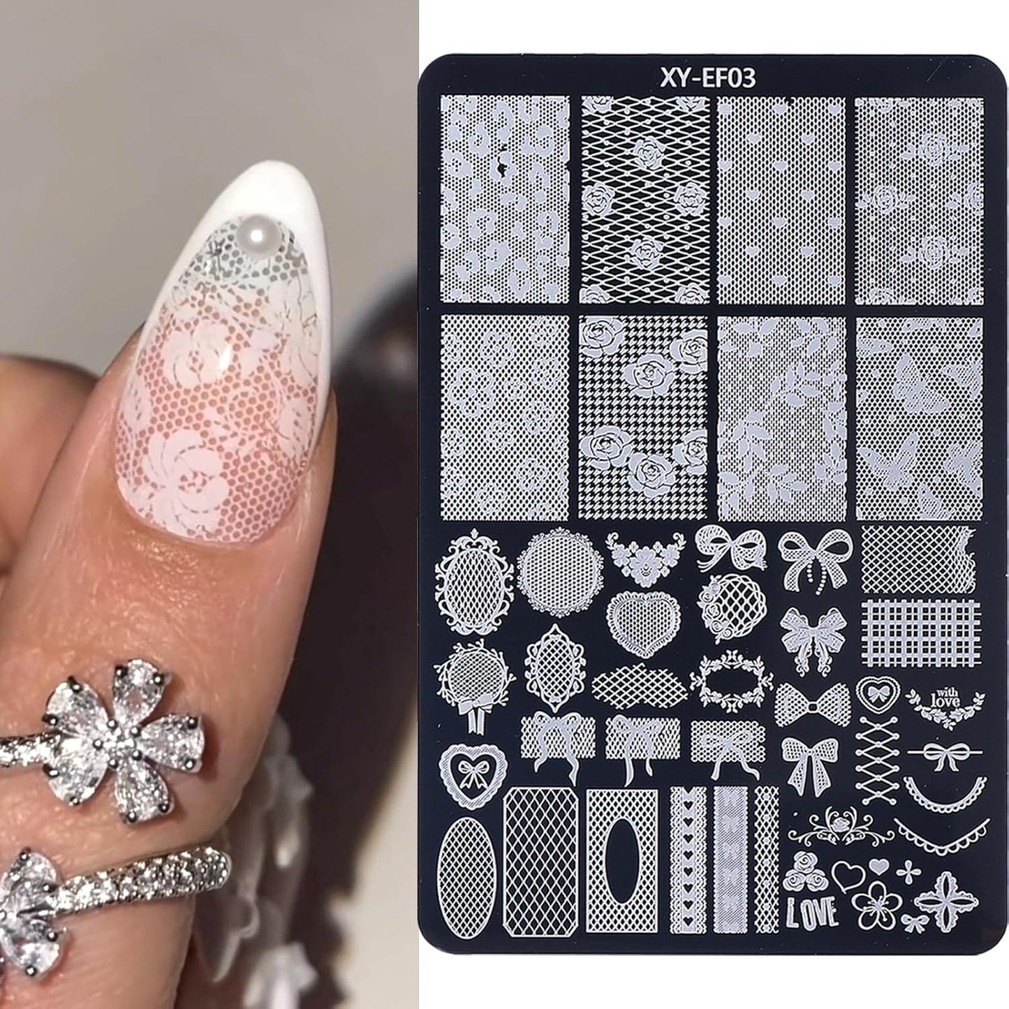 6pcs Lace Flower Design Nail Stamping Plate Kit With French Tip Nail Stamper Kit Ribbon Bow Knot Nail Stencil Reusable Stainless Steel Manicure Tool Nail Supplies for Salon DIY-Velvo Beauty