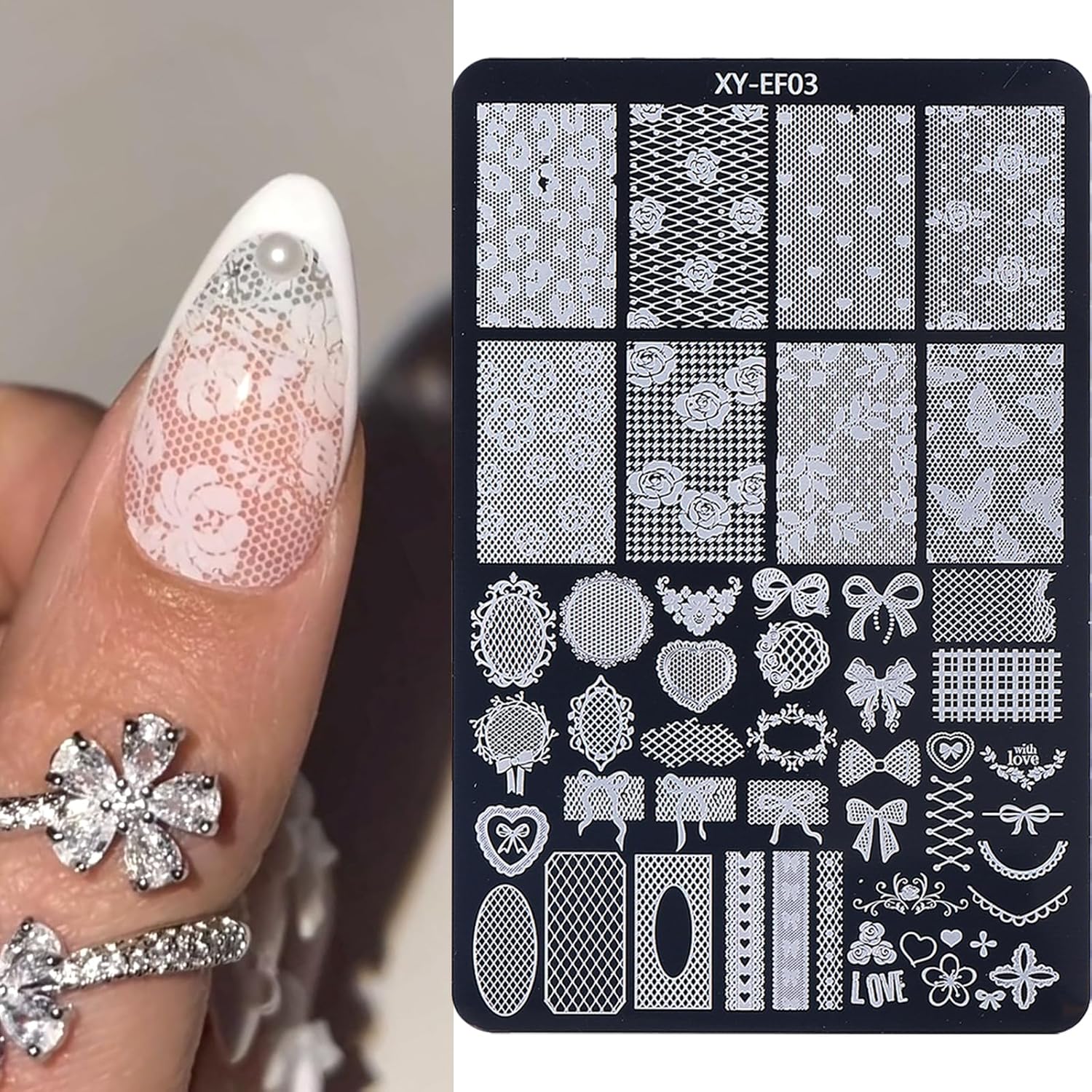 6pcs Lace Flower Design Nail Stamping Plate Kit With French Tip Nail Stamper Kit Ribbon Bow Knot Nail Stencil Reusable Stainless Steel Manicure Tool Nail Supplies for Salon DIY-Velvo Beauty