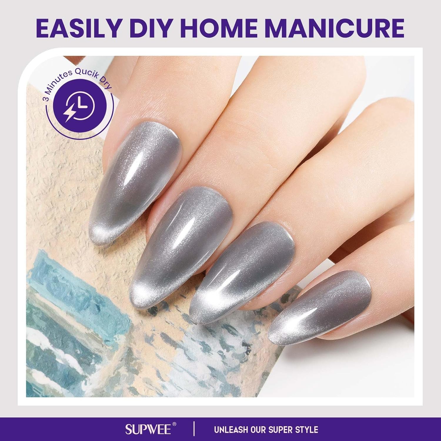Quick Dry Cat Eye Nail Polish, Silver Magnetic Nail Polish Shimmer Glitter with Magnet High Glossy Fingernail Air Dry Fast Manicure DIY Salon Fall Colors-Velvo Beauty