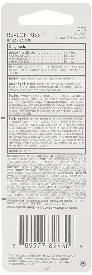 Revlon Lip Balm, Kiss Tinted Lip Balm, Face Makeup With Lasting Hydration, SPF 20, Infused With Natural Fruit Oils, 030 Crisp Apple, 0.09 Oz-Velvo Beauty