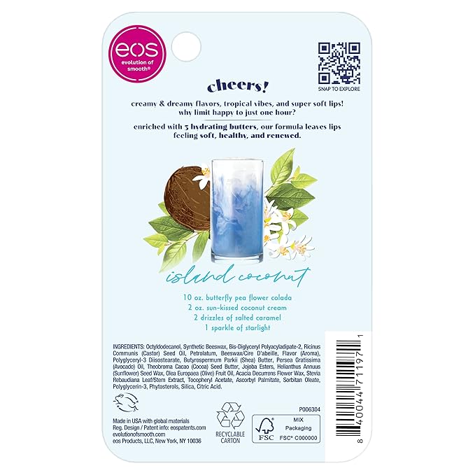 eos Sunset Sips Lip Butter Tube- Island Coconut, 24-Hour Moisture, Overnight Lip Mask, Lip Care Products, 0.35 fl oz (Pack of 2)-Velvo Beauty