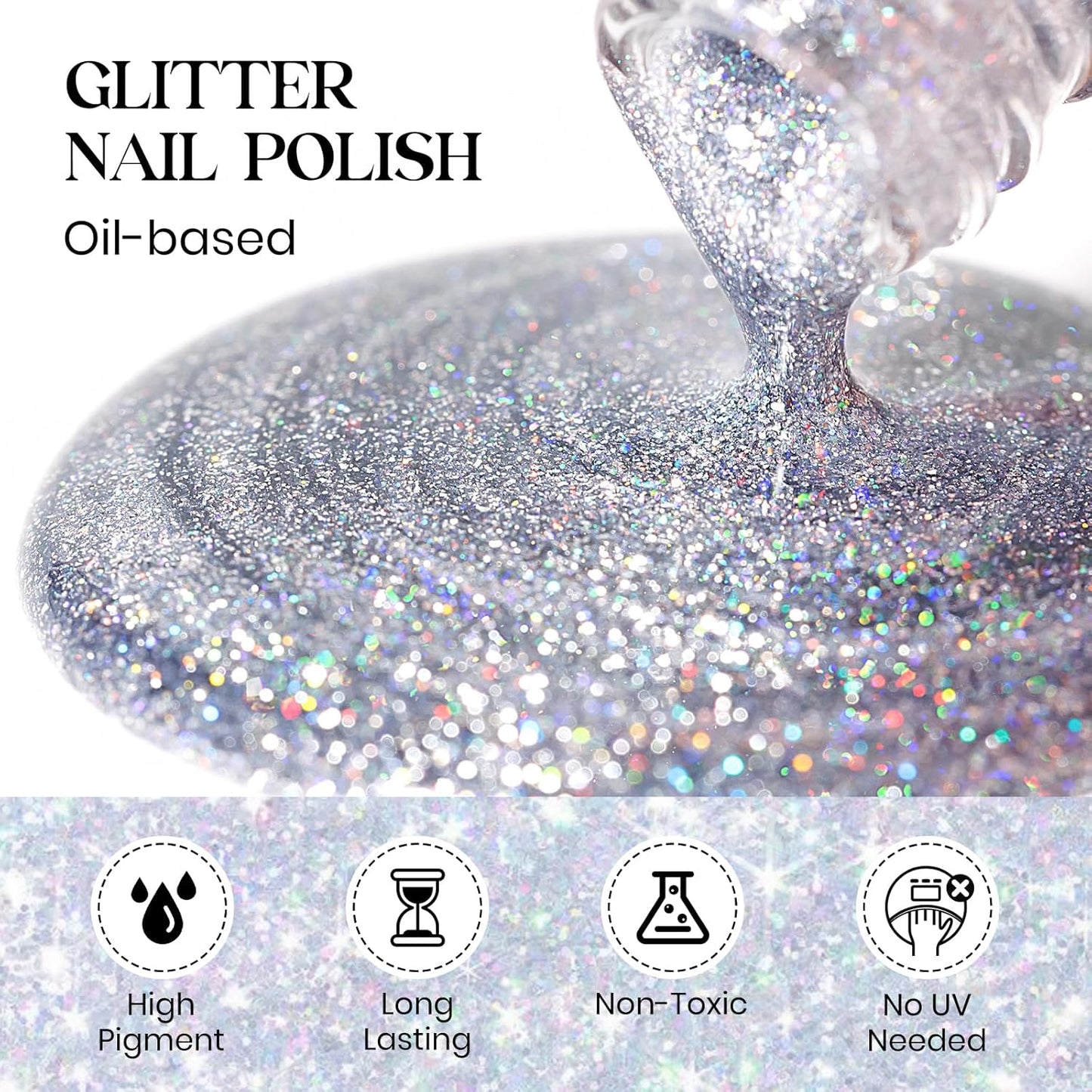 MIZHSE Quick Dry Glitter Nail Polish, Siver Rainbow Nail Polish Air Dry Fast, 15ml High Glossy Sparkly Shiny Shimmery Iridescent Silver Nail Art Salon Manicure Home-Velvo Beauty