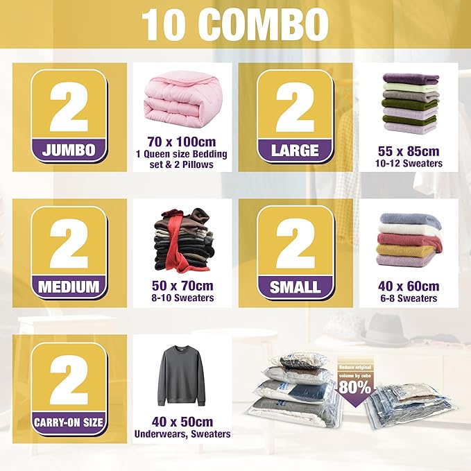 HIBAG Vacuum Storage Bags, 10-Pack Vacuum Seal Bags for Clothing Clothes, Space Saver Bags (2 Jumbo, 2 Large, 2 Medium, 2 Small, 2 Roll-up) with Pump (10-Combo)-Velvo Beauty