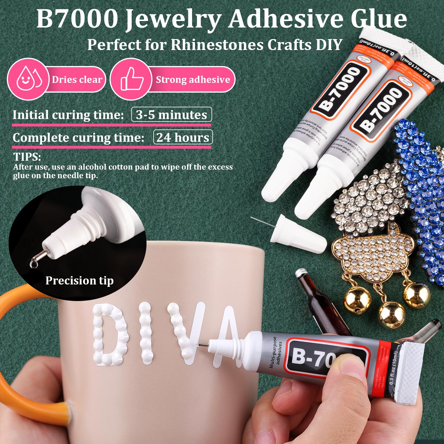 Resin Rhinestones for Crafting with B7000 Jewelry Glue, 2 Boxes White Flatback Crystals with 3Pcs 10ml Glue for Bedazzling Crafts DIY Nail Art Makeup，Non Hotfix Gems for Clothing Shoes-Velvo Beauty