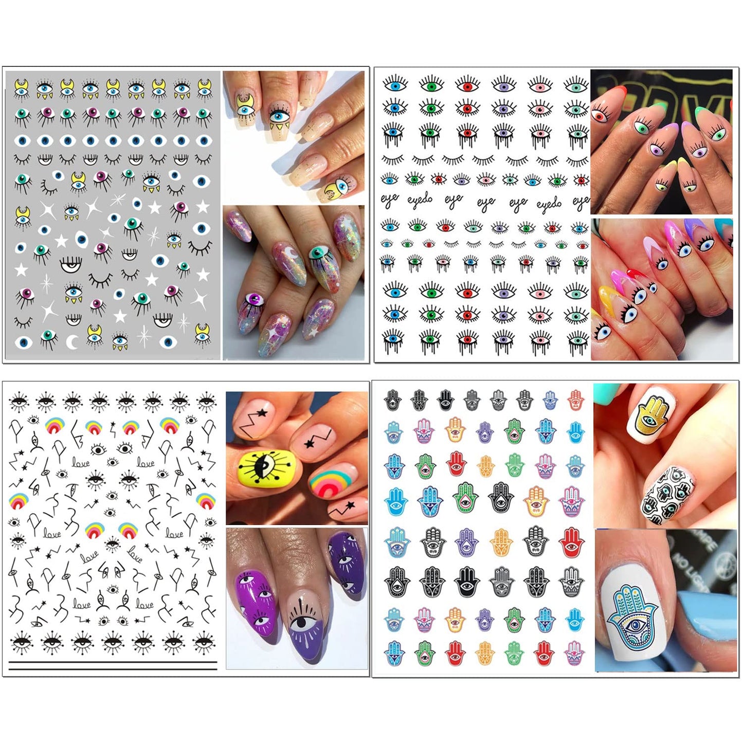 14 Sheets Evil Eye Nail Stickers, 3D Turkish Blue Eye Design Nail Art Decals, Self Adhesive Hamsa Hand of Fatima Manicure Decorations-Velvo Beauty