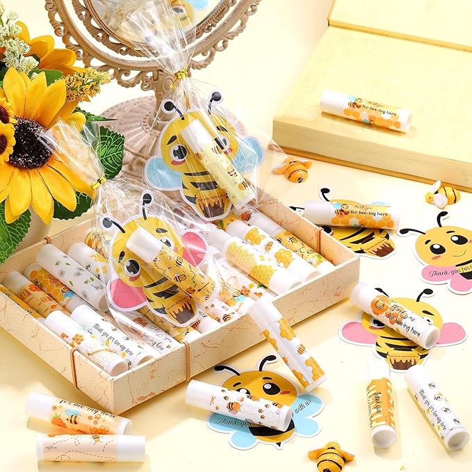48 Sets Bee Lip Balm with Bee Themed Thank Card Tags Baby Shower Favor Bulk Bee Themed Gifts for Baby Shower Baptism Birthday Party Supplies Christmas Party-Velvo Beauty