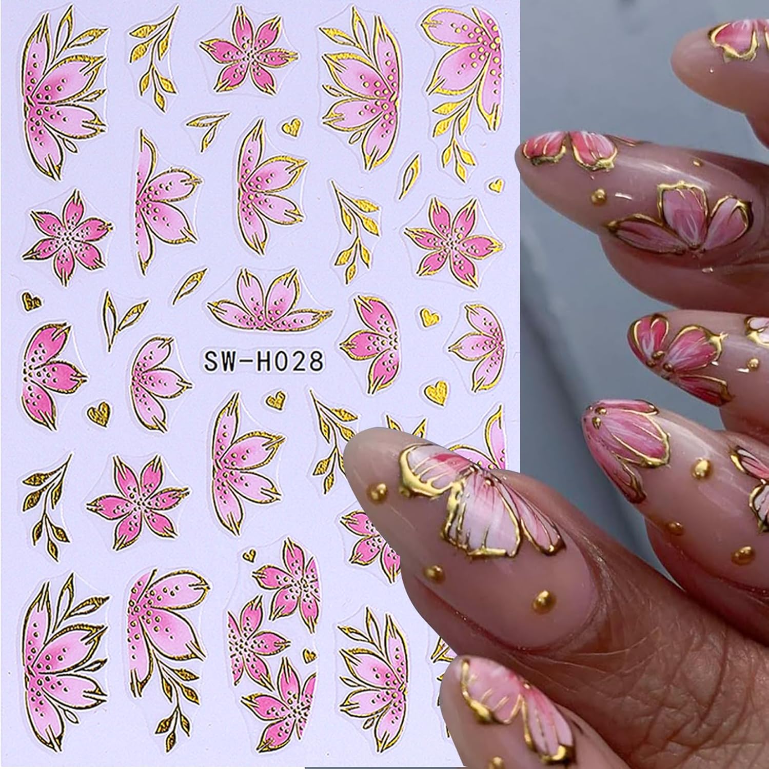 3D Flower Nail Art Stickers Decals Luxury Flower Petal Stickers with Tweezers 12 PCS Self Adhesive Pink Purple Blue Floral Gold Edge Decals Cherry Blossom Lily Summer DIY Manicure Nail Art Decoration-Velvo Beauty
