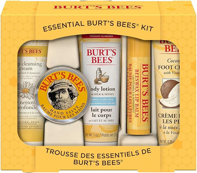 Burt's Bees Back to School Gifts Ideas, 5 Body Care College Dorm Products, Everyday Essentials Set - Original Beeswax Lip Balm, Deep Cleansing Cream, Hand Salve, Body Lotion & Foot Cream, Travel Size-Velvo Beauty