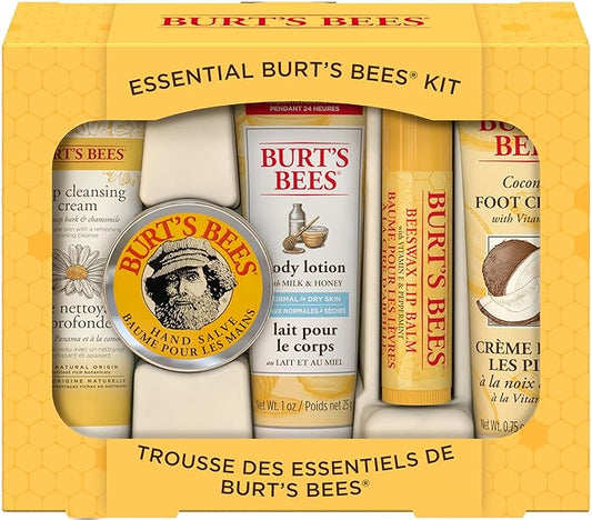 Burt's Bees Back to School Gifts Ideas, 5 Body Care College Dorm Products, Everyday Essentials Set - Original Beeswax Lip Balm, Deep Cleansing Cream, Hand Salve, Body Lotion & Foot Cream, Travel Size-Velvo Beauty
