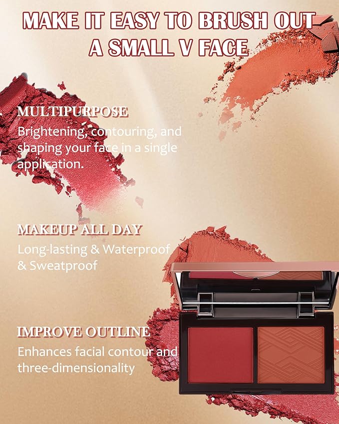 Matte Blush Powder Palette-2Colors Cruelty-Free Buildable Facial Cheek Blusher Pressed Powder Light Luxury Blush Contour Palette for Face,Longlasting Makeup Palette,Valentine's Day Gift for Women-04-Velvo Beauty