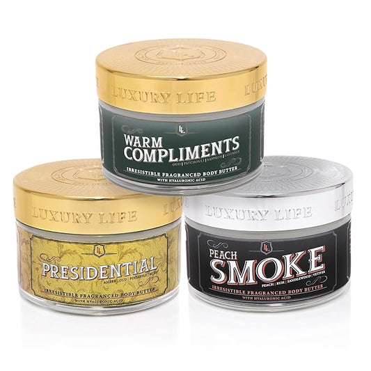 LUXURY LIFE BUTTER - Irresistibly Scented Body Butter with Hyaluronic Acid for Ultimate Moisture. Hydrates for a Non-Greasy Glamorous Glow (Presidential, Peach Smoke, Warm Compliments 5 oz)-Velvo Beauty