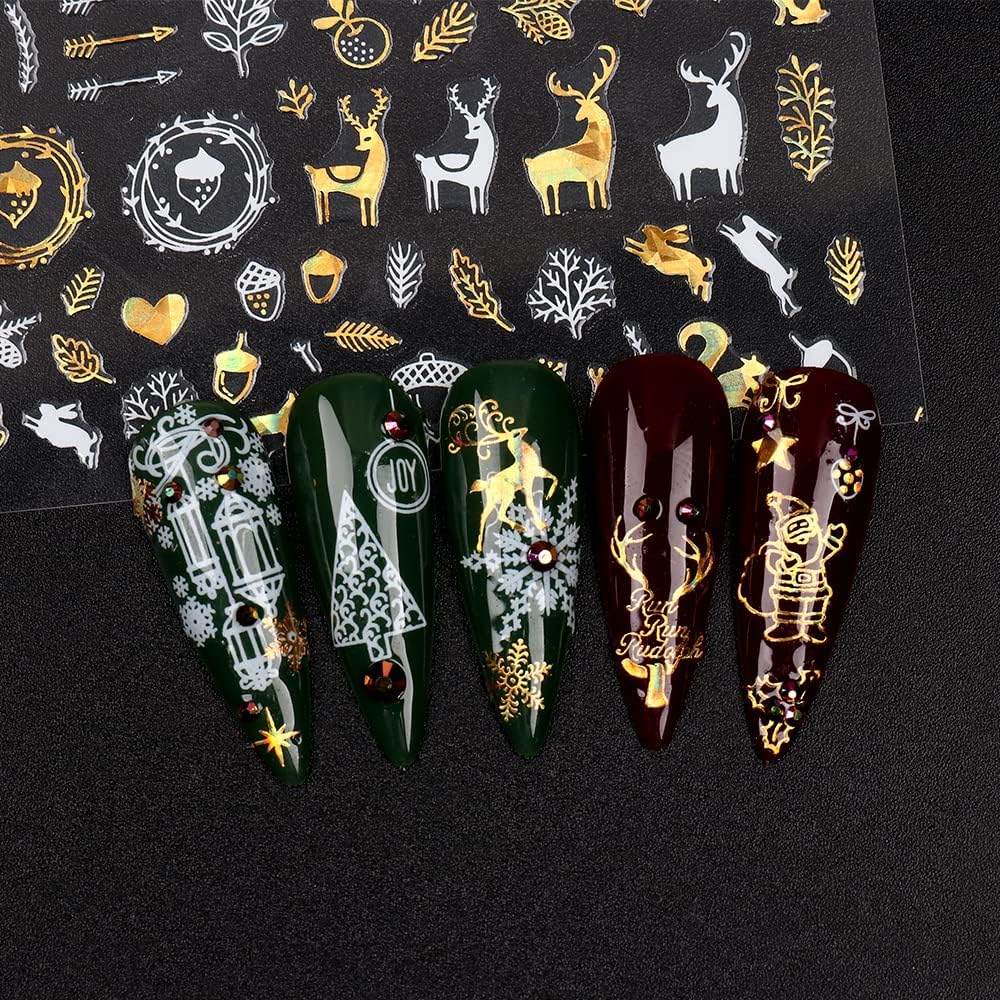9 Sheets Christmas Nail Art Stickers Decals Self-Adhesive Pegatinas Uñas Gold White Nail Supplies Nail Art Design Decoration Accessories-Velvo Beauty