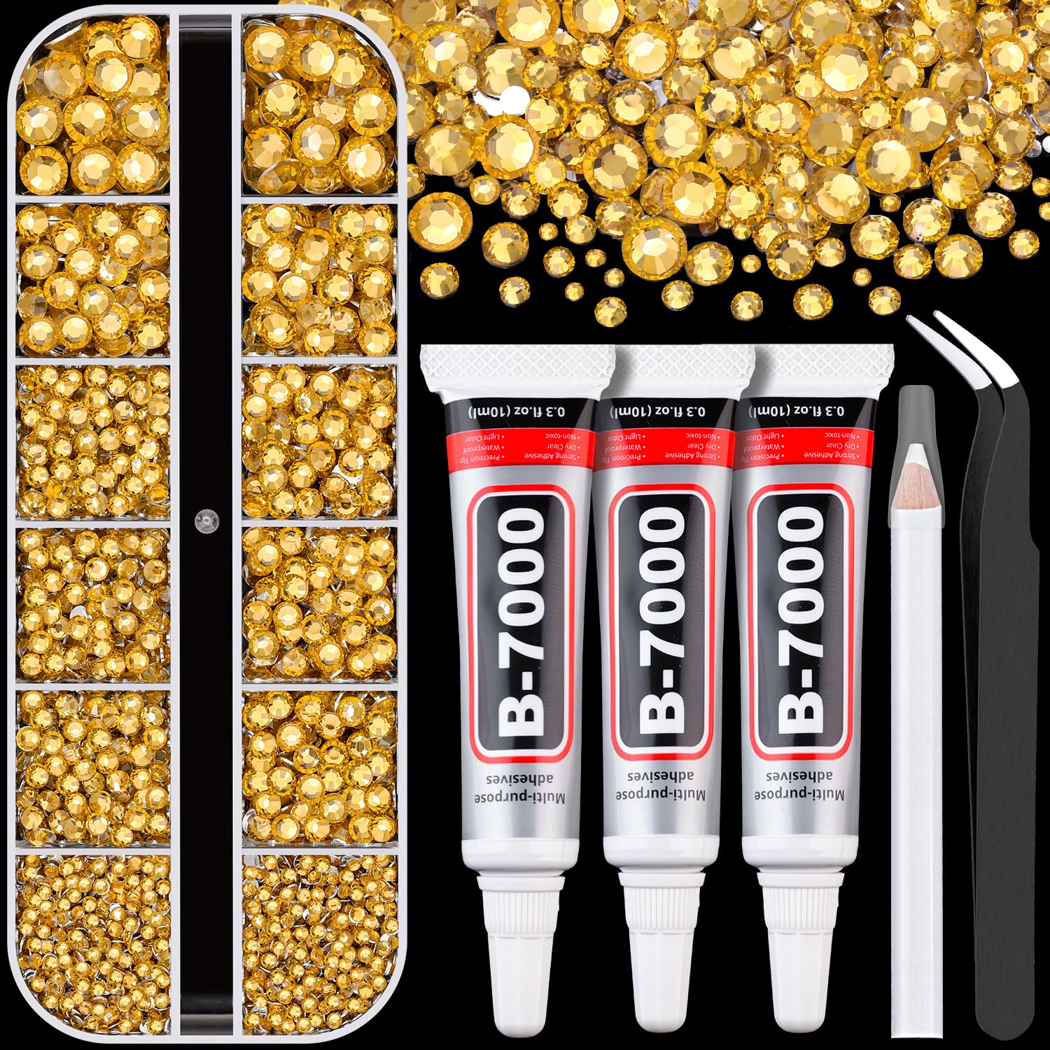 Resin Rhinestones for Crafting with B7000 Jewelry Glue, 1 Box Golden Yellow Flatback Crystals with 3Pcs 10ml Glue for Bedazzling Crafts DIY Nail Art Makeup, Gems for Clothing Shoes-Velvo Beauty
