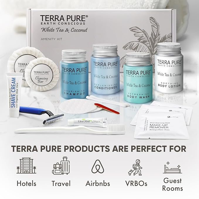 Terra Pure White Tea & Coconut Amenity & Accessory Kit |1oz Travel Size Shampoo, Conditioner, Lotion, Body Wash, 2 Cleansing Bars, Shave & Dental Sets, Make-Up Remover Wipes, & Vanity Kit | 15 Boxes-Velvo Beauty