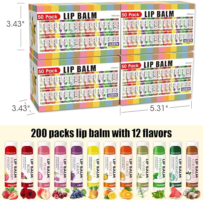 AZEN 200 Pack Lip Balm, Natural Lip Balm Bulk, Lip Care Product, Moisturizing Lip Balm for dry cracked lips - 12 Flavors-Velvo Beauty